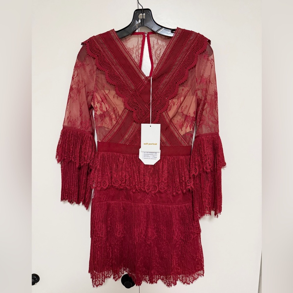 Self-Portrait Burgundy Red Lace V-Neck Midi Dress with Fringe Sleeves - US4/UK8